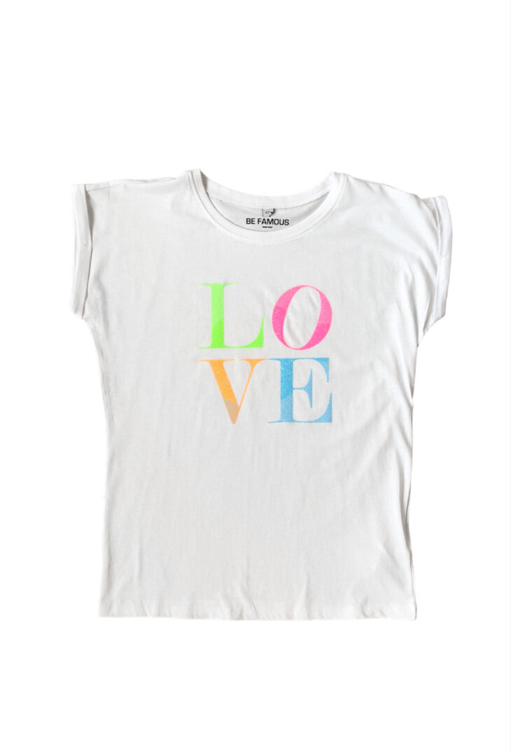 T-Shirt NEON LOVE multi neon glitter white be famous